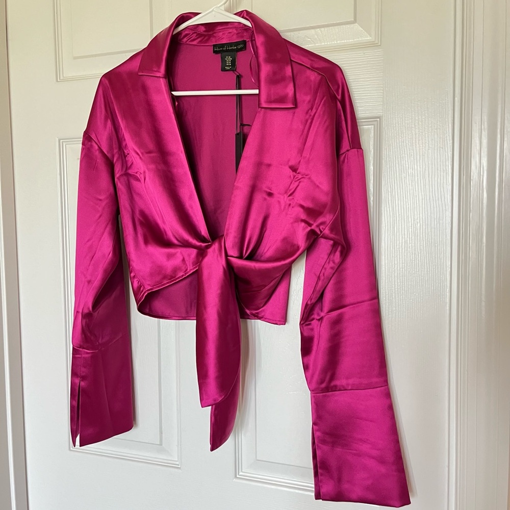 COPY - House of Harlow 1960 Pink Satin Long Sleeve Tie front Glamorous Jacket s…